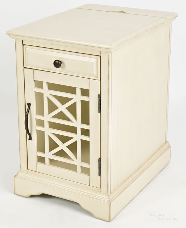 The appearance of Craftsman Antique Cream Power Chairside Table designed by Jofran in the transitional interior design. This cream piece of furniture  was selected by 1StopBedrooms from Craftsman Collection to add a touch of cosiness and style into your home. Sku: 675-22. Material: Wood. Product Type: Chairside Table. Table Top Shape: Rectangular. Image1