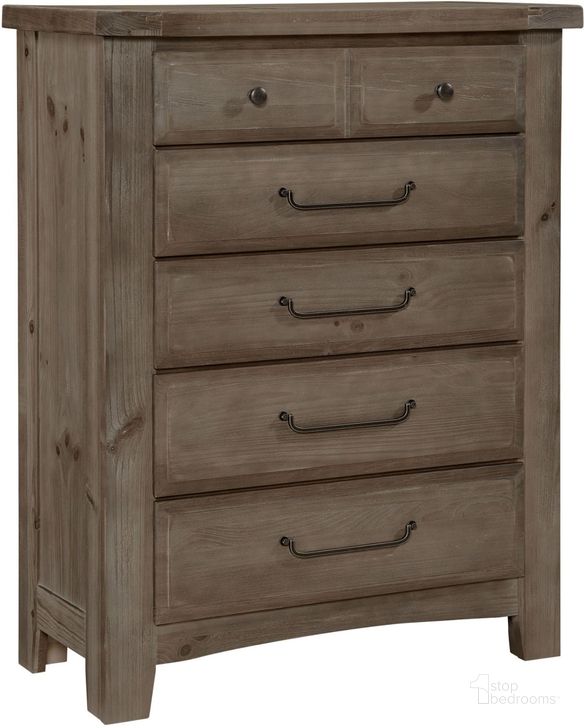 The appearance of Sawmill Saddle Grey 5 Drawer Chest designed by Vaughan Bassett in the transitional interior design. This grey piece of furniture  was selected by 1StopBedrooms from Sawmill Collection to add a touch of cosiness and style into your home. Sku: 692-115. Product Type: Chest. Image1