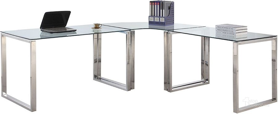 The appearance of Clear Glass and Stainless Steel Corner Office Desk designed by Chintaly Imports in the modern / contemporary interior design. This clear glass piece of furniture  was selected by 1StopBedrooms from 6931 Collection to add a touch of cosiness and style into your home. Sku: 6931-DSK-LRG-T;6931-DSK-LEG;6931-DSK-CRN-T;6931-DSK-LEG;6931-DSK-SML-T;6931-DSK-LEG. Product Type: Home Office Desk. Material: Metal/Glass. Image1