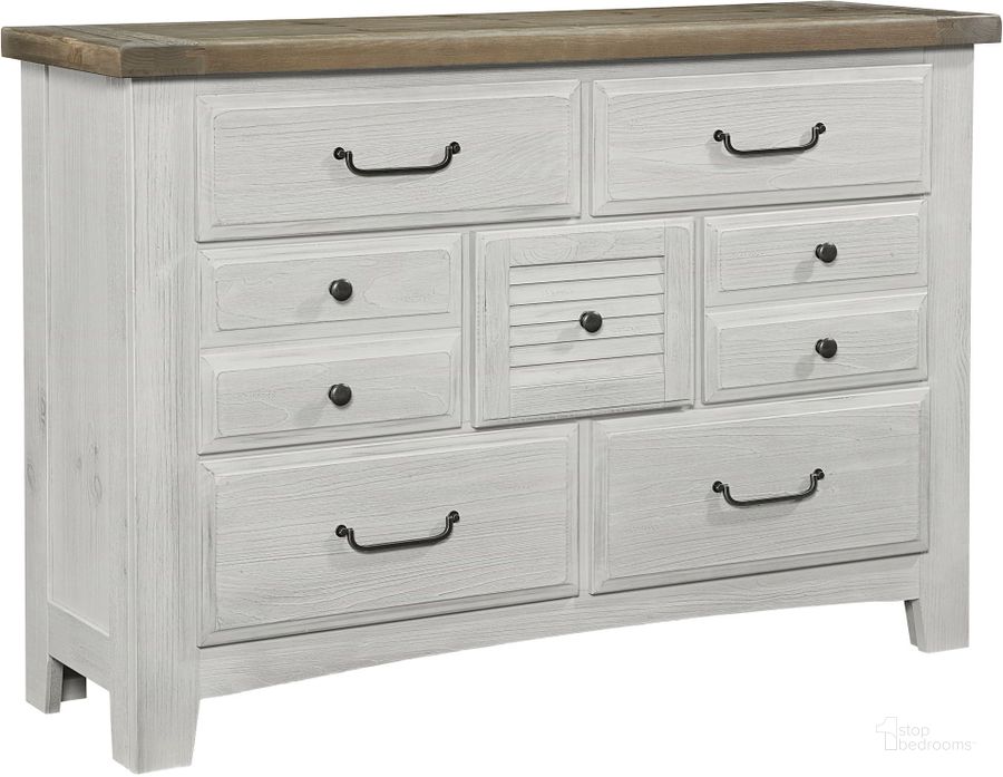 The appearance of Sawmill Alabaster Two Tone 7 Drawer Dresser designed by Vaughan Bassett in the transitional interior design. This gray piece of furniture  was selected by 1StopBedrooms from Sawmill Collection to add a touch of cosiness and style into your home. Sku: 694-002. Product Type: Dresser. Image1
