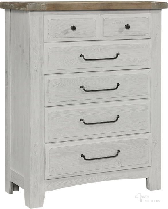 The appearance of Sawmill Alabaster Two Tone 5 Drawer Chest designed by Vaughan Bassett in the transitional interior design. This gray piece of furniture  was selected by 1StopBedrooms from Sawmill Collection to add a touch of cosiness and style into your home. Sku: 694-115. Product Type: Chest. Image1