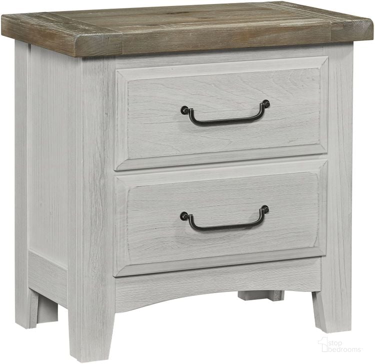 The appearance of Sawmill Alabaster Two Tone 2 Drawer Nightstand designed by Vaughan Bassett in the transitional interior design. This gray piece of furniture  was selected by 1StopBedrooms from Sawmill Collection to add a touch of cosiness and style into your home. Sku: 694-226. Product Type: Nightstand. Image1