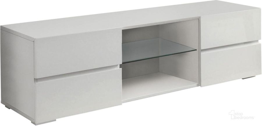 The appearance of 700825 Tv Stand designed by Coaster in the modern / contemporary interior design. This white piece of furniture  was selected by 1StopBedrooms from High Gloss Collection to add a touch of cosiness and style into your home. Sku: 700825. Material: Wood. Product Type: TV Stand. Image1