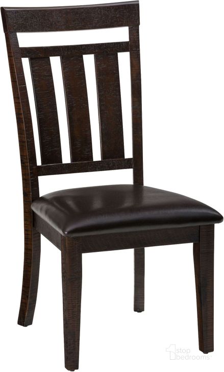 The appearance of Kona Grove Rustic Chocolate Upholstered Slat Back Dining Chair Set of 2 designed by Jofran in the transitional interior design. This brown piece of furniture  was selected by 1StopBedrooms from Kona Grove Collection to add a touch of cosiness and style into your home. Sku: 705-410KD. Product Type: Dining Chair. Material: Vinyl. Image1