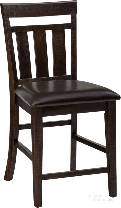 The appearance of Kona Grove Rustic Chocolate Upholstered Slat Back Stool Set of 2 designed by Jofran in the transitional interior design. This brown piece of furniture  was selected by 1StopBedrooms from Kona Grove Collection to add a touch of cosiness and style into your home. Sku: 705-BS410KD. Product Type: Barstool. Material: Vinyl. Image1