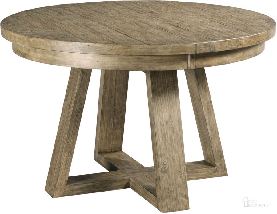 The appearance of Plank Road Stone Button Extendable Round Dining Table designed by Kincaid in the modern / contemporary interior design. This brown piece of furniture  was selected by 1StopBedrooms from Plank Road Collection to add a touch of cosiness and style into your home. Sku: 706-701S. Table Base Style: Trestle. Table Top Shape: Round. Material: Wood. Product Type: Dining Table. Image1