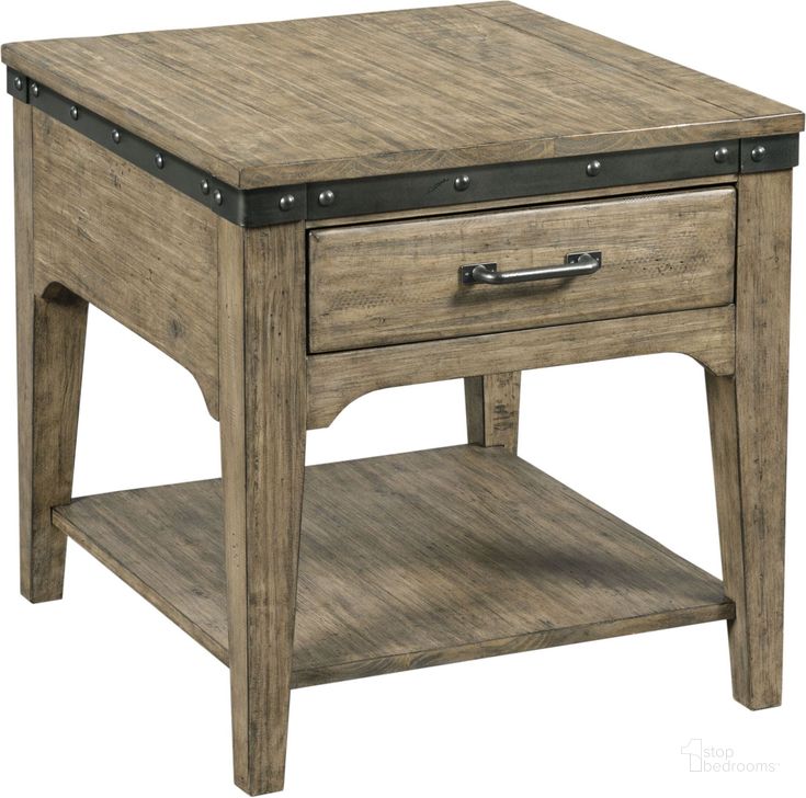 The appearance of Plank Road Stone Artisans Rectangular Drawer End Table designed by Kincaid in the modern / contemporary interior design. This brown piece of furniture  was selected by 1StopBedrooms from Plank Road Collection to add a touch of cosiness and style into your home. Sku: 706-915S. Material: Wood. Product Type: End Table. Table Top Shape: Rectangular. Image1