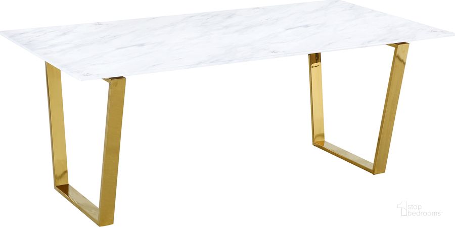 The appearance of Meridian Cameron Dining Table in Rich Gold designed by Meridian in the modern / contemporary interior design. This gold piece of furniture  was selected by 1StopBedrooms from Cameron Collection to add a touch of cosiness and style into your home. Sku: 712-T-1;712-T-2. Table Base Style: Double Pedestal. Table Top Style: Glass. Material: Marble. Product Type: Dining Table. Table Top Shape: Rectangular. Image1