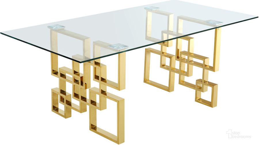 The appearance of Meridian Pierre Dining Table in Gold designed by Meridian in the modern / contemporary interior design. This gold piece of furniture  was selected by 1StopBedrooms from Pierre Collection to add a touch of cosiness and style into your home. Sku: 714-T-1;714-T-2. Table Base Style: Double Pedestal. Table Top Style: Glass. Material: Glass. Product Type: Dining Table. Table Top Shape: Rectangular. Image1