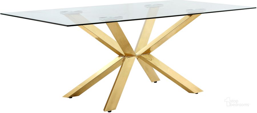 The appearance of Meridian Capri Dining Table in Gold designed by Meridian in the modern / contemporary interior design. This gold piece of furniture  was selected by 1StopBedrooms from Capri Collection to add a touch of cosiness and style into your home. Sku: 716-T-1;716-T-2. Table Base Style: Trestle. Table Top Style: Glass. Material: Glass. Product Type: Dining Table. Table Top Shape: Rectangular. Image1