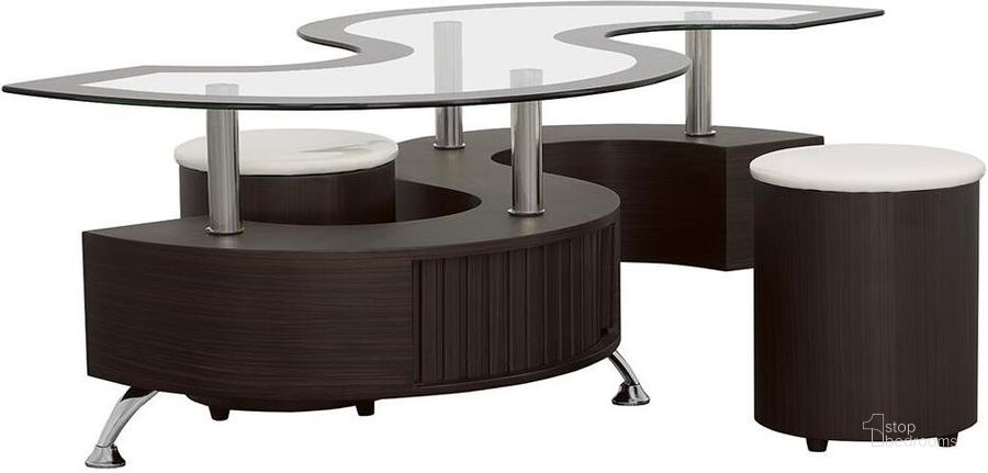 The appearance of Dark Brown Coffee Table and Stools designed by Coaster in the modern / contemporary interior design. This brown piece of furniture  was selected by 1StopBedrooms from Delange Collection to add a touch of cosiness and style into your home. Sku: 720218B1;720218B2;720218B3. Material: Glass. Product Type: Coffee Table. Image1