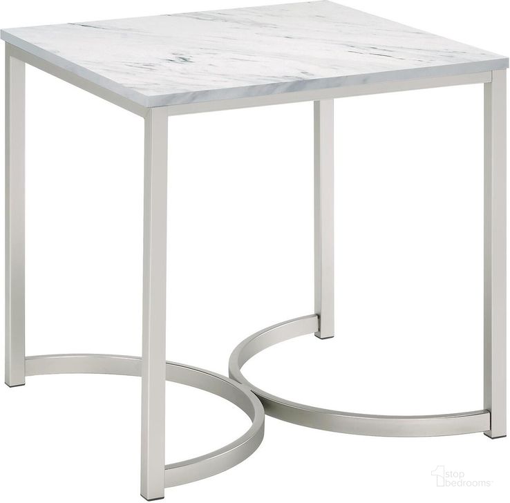 The appearance of White Faux Marble And Satin Nickel End Table designed by Coaster in the transitional interior design. This white piece of furniture  was selected by 1StopBedrooms from  to add a touch of cosiness and style into your home. Sku: 721867. Product Type: End Table. Material: MDF. Image1