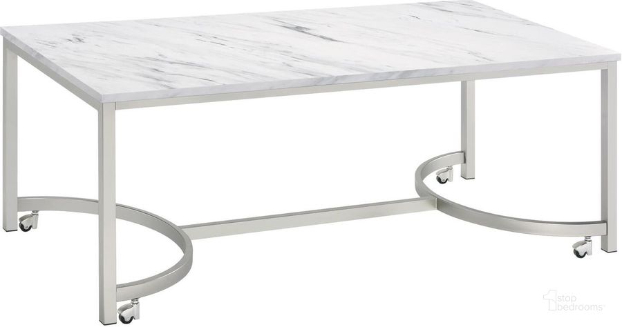The appearance of White Faux Marble And Satin Nickel Coffee Table designed by Coaster in the transitional interior design. This white piece of furniture  was selected by 1StopBedrooms from  to add a touch of cosiness and style into your home. Sku: 721868. Product Type: Coffee Table. Material: MDF. Image1