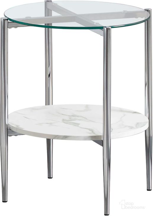 The appearance of Carrara Faux Marble And Chrome End Table designed by Coaster in the transitional interior design. This chrome piece of furniture  was selected by 1StopBedrooms from  to add a touch of cosiness and style into your home. Sku: 723277. Material: Metal. Product Type: End Table. Image1
