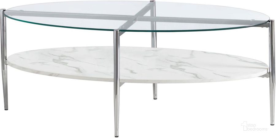 The appearance of Carrara Faux Marble And Chrome Coffee Table designed by Coaster in the transitional interior design. This white piece of furniture  was selected by 1StopBedrooms from  to add a touch of cosiness and style into your home. Sku: 723278. Material: Metal. Product Type: Coffee Table. Image1