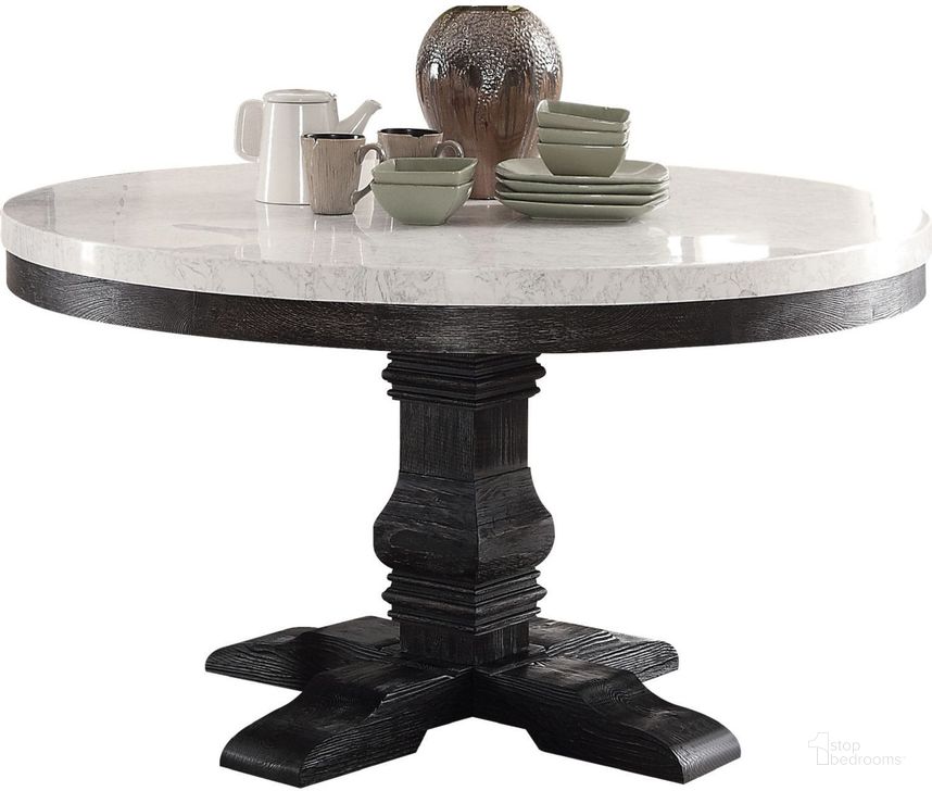 The appearance of Nolan White Marble and Salvage Dark Oak Pedestal Dining Table designed by ACME in the transitional interior design. This white piece of furniture  was selected by 1StopBedrooms from Nolan Collection to add a touch of cosiness and style into your home. Sku: 72845T;72846ST. Table Top Shape: Round. Product Type: Pedestal Table. Material: Stone. Image1