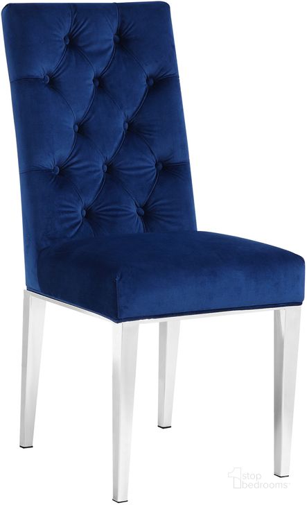 The appearance of Meridian Juno Velvet Dining Chair in Navy (Set of 2) designed by Meridian in the modern / contemporary interior design. This navy piece of furniture  was selected by 1StopBedrooms from Juno Collection to add a touch of cosiness and style into your home. Sku: 732Navy-C. Material: Fabric. Product Type: Dining Chair. Image1