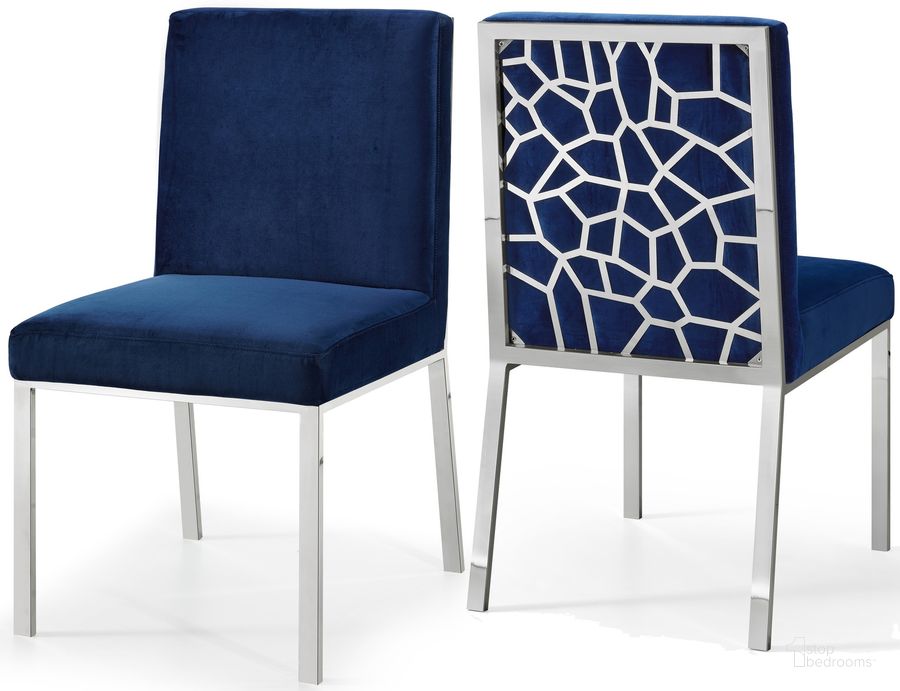 The appearance of Meridian Opal Velvet Dining Chair in Navy (Set of 2) 736Navy-C designed by Meridian in the modern / contemporary interior design. This navy velvet piece of furniture  was selected by 1StopBedrooms from Opal Collection to add a touch of cosiness and style into your home. Sku: 736Navy-C. Material: Fabric. Product Type: Dining Chair. Image1
