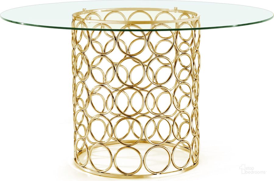 The appearance of Meridian Opal Dining Table in Gold designed by Meridian in the modern / contemporary interior design. This gold piece of furniture  was selected by 1StopBedrooms from Opal Collection to add a touch of cosiness and style into your home. Sku: 737-T-1;737-T-2. Table Base Style: Pedestal. Table Top Shape: Round. Material: Glass. Product Type: Dining Table. Image1