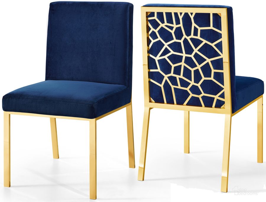 The appearance of Meridian Opal Velvet Dining Chair in Navy (Set of 2) 737Navy-C designed by Meridian in the modern / contemporary interior design. This navy velvet piece of furniture  was selected by 1StopBedrooms from Opal Collection to add a touch of cosiness and style into your home. Sku: 737Navy-C. Material: Fabric. Product Type: Dining Chair. Image1