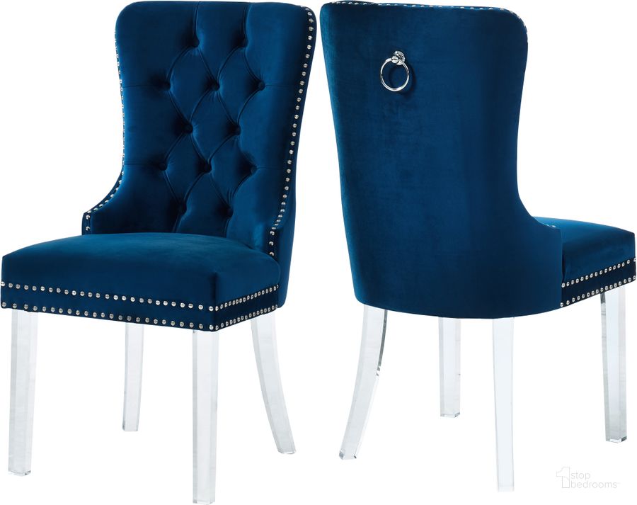 The appearance of Meridian Furniture Miley Velvet Dining Chair in Navy Set of 2 designed by Meridian in the modern / contemporary interior design. This navy velvet piece of furniture  was selected by 1StopBedrooms from Miley Collection to add a touch of cosiness and style into your home. Sku: 746Navy-C. Product Type: Dining Chair. Material: Velvet. Image1