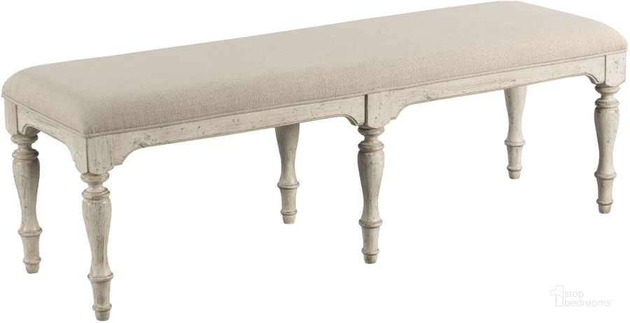 The appearance of Weatherford Cornsilk Belmont Dining Bench designed by Kincaid in the modern / contemporary interior design. This cream piece of furniture  was selected by 1StopBedrooms from Weatherford Collection to add a touch of cosiness and style into your home. Sku: 75-068. Material: Fabric. Product Type: Dining Bench. Image1