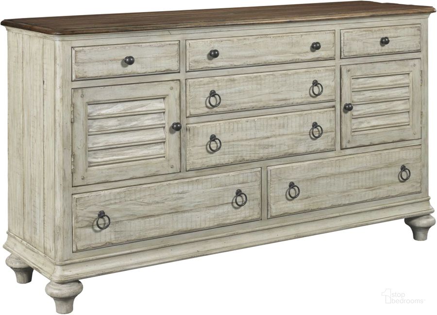 The appearance of Weatherford Cornsilk Ellesmere Dresser designed by Kincaid in the transitional interior design. This cream piece of furniture  was selected by 1StopBedrooms from Weatherford Collection to add a touch of cosiness and style into your home. Sku: 75-160. Material: Wood. Product Type: Dresser. Image1