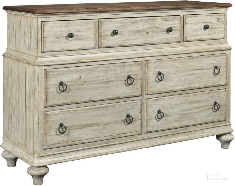 The appearance of Weatherford Cornsilk Wellington Dresser designed by Kincaid in the transitional interior design. This cream piece of furniture  was selected by 1StopBedrooms from Weatherford Collection to add a touch of cosiness and style into your home. Sku: 75-162. Material: Wood. Product Type: Dresser. Image1