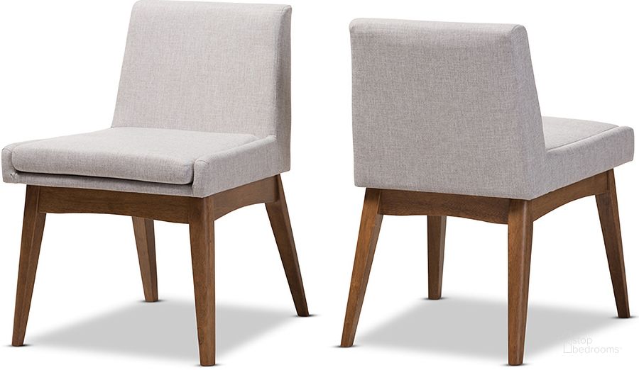 The appearance of Baxton Studio Nexus Mid-Century Modern Walnut Wood Finishing Greyish Beige Fabric Dining Side Chair (Set Of 2) designed by Baxton Studio in the transitional interior design. This beige piece of furniture  was selected by 1StopBedrooms from Nexus Collection to add a touch of cosiness and style into your home. Sku: BBT5280-Greyish Beige-DC-H1217-14. Material: Fabric. Product Type: Side Chair. Image1