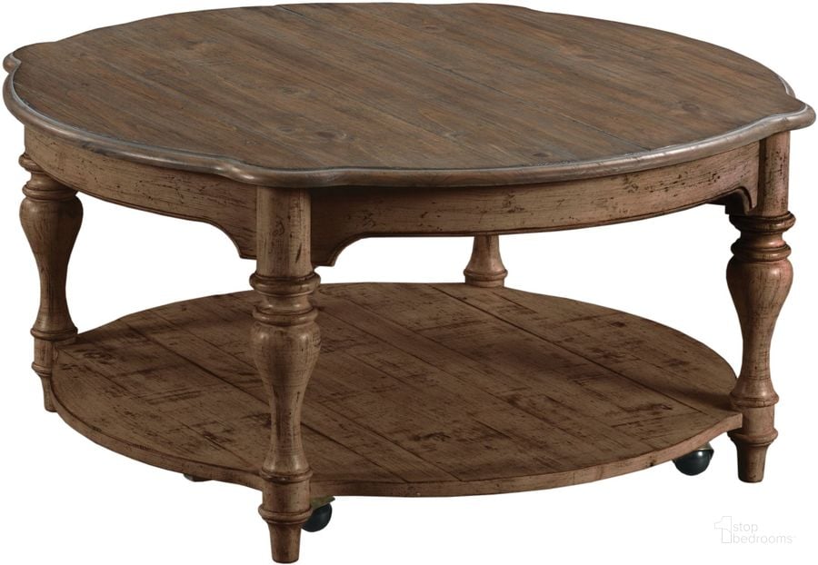 The appearance of Weatherford Heather Bolton Round Cocktail Table designed by Kincaid in the modern / contemporary interior design. This brown piece of furniture  was selected by 1StopBedrooms from Weatherford Collection to add a touch of cosiness and style into your home. Sku: 76-024. Table Top Shape: Round. Material: Wood. Product Type: Cocktail Table. Image1