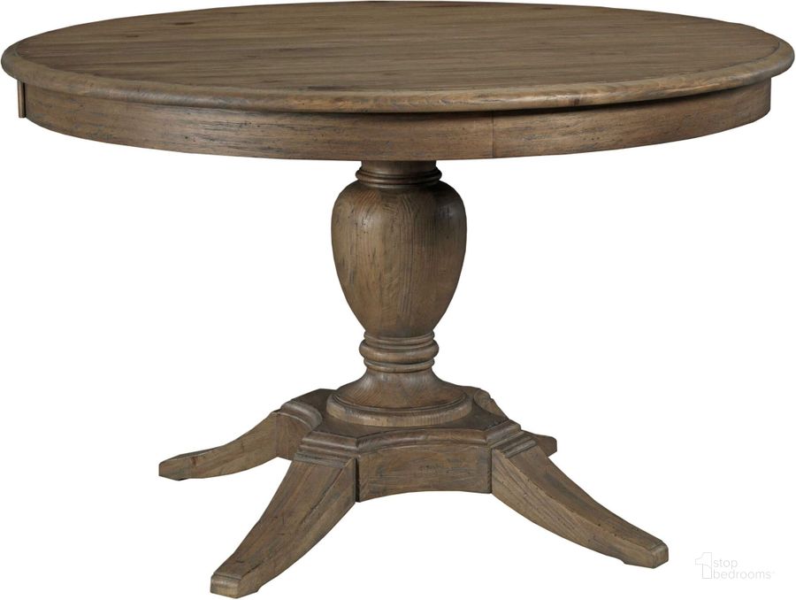 The appearance of Weatherford Heather Milford Extendable Round Dining Table designed by Kincaid in the transitional interior design. This brown piece of furniture  was selected by 1StopBedrooms from Weatherford Collection to add a touch of cosiness and style into your home. Sku: 76-052P. Table Base Style: Pedestal. Table Top Shape: Round. Material: Wood. Product Type: Dining Table. Image1