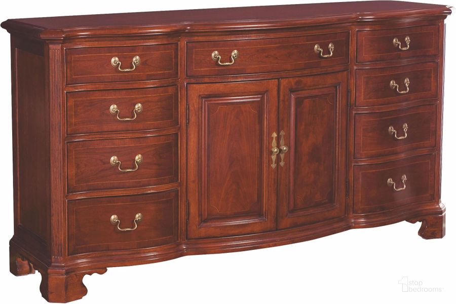 The appearance of Cherry Grove Classic Antique Cherry Door Triple Dresser designed by American Drew in the traditional interior design. This brown piece of furniture  was selected by 1StopBedrooms from Cherry Collection to add a touch of cosiness and style into your home. Sku: 791-160. Material: Wood. Product Type: Dresser. Image1