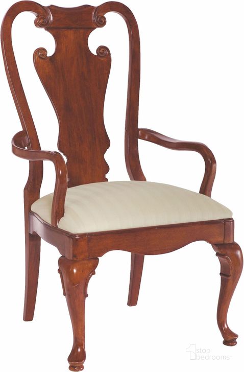 The appearance of Cherry Grove Classic Antique Cherry Splat Back Arm Chair Set of 2 designed by American Drew in the traditional interior design. This brown piece of furniture  was selected by 1StopBedrooms from Cherry Collection to add a touch of cosiness and style into your home. Sku: 792-637. Material: Fabric. Product Type: Arm Chair. Image1