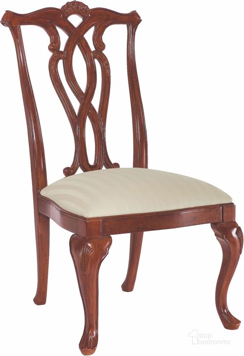The appearance of Cherry Grove Classic Antique Cherry Pierced Back Side Chair Set of 2 designed by American Drew in the traditional interior design. This brown piece of furniture  was selected by 1StopBedrooms from Cherry Collection to add a touch of cosiness and style into your home. Sku: 792-654. Material: Fabric. Product Type: Side Chair. Image1
