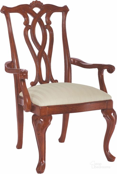 The appearance of Cherry Grove Classic Antique Cherry Pierced Back Arm Chair Set of 2 designed by American Drew in the traditional interior design. This brown piece of furniture  was selected by 1StopBedrooms from Cherry Collection to add a touch of cosiness and style into your home. Sku: 792-655. Material: Fabric. Product Type: Arm Chair. Image1