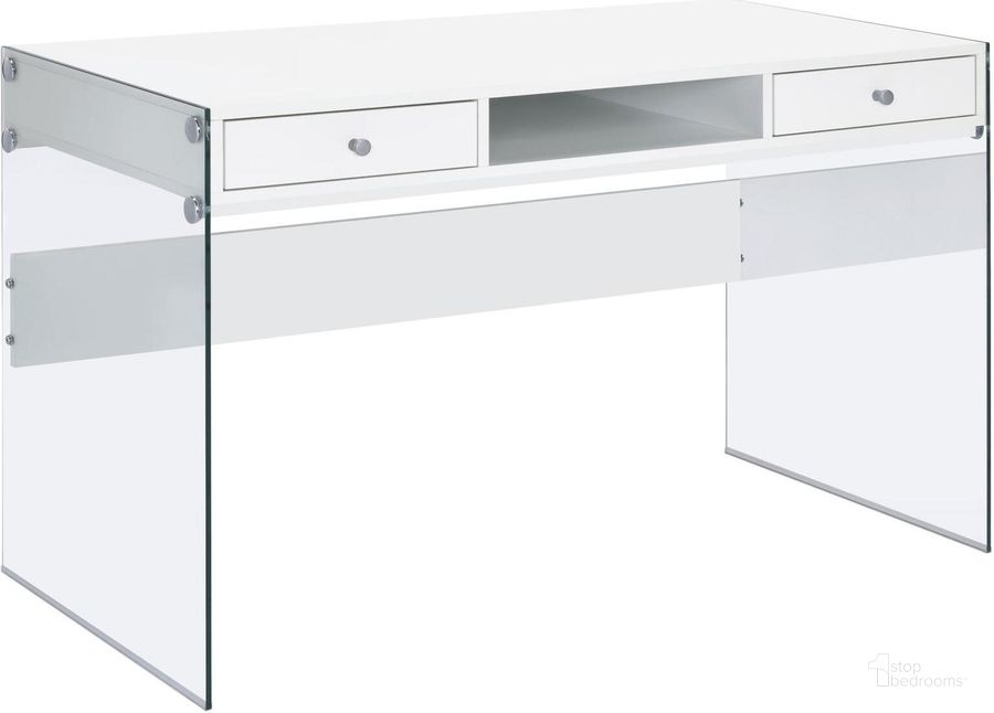 The appearance of Glossy White Computer Desk designed by Coaster in the modern / contemporary interior design. This white piece of furniture  was selected by 1StopBedrooms from  to add a touch of cosiness and style into your home. Sku: 800829. Material: Wood. Product Type: Computer Desk. Image1