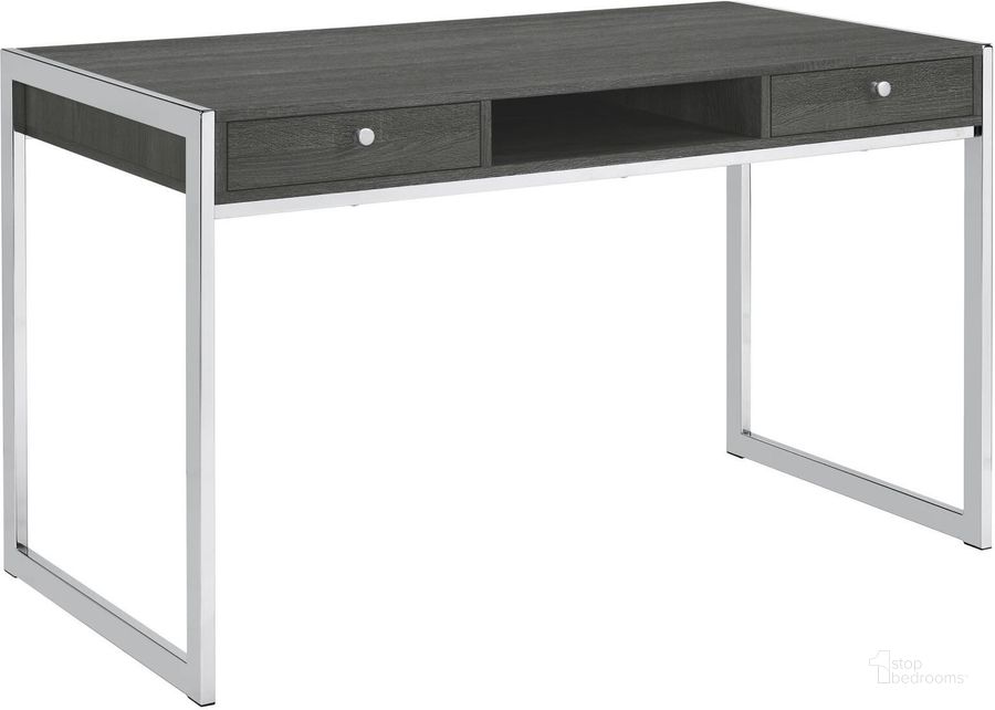 The appearance of Weathered Grey Chrome Desk designed by Coaster in the modern / contemporary interior design. This chrome piece of furniture  was selected by 1StopBedrooms from  to add a touch of cosiness and style into your home. Sku: 801221. Material: Metal. Product Type: Desk. Image1