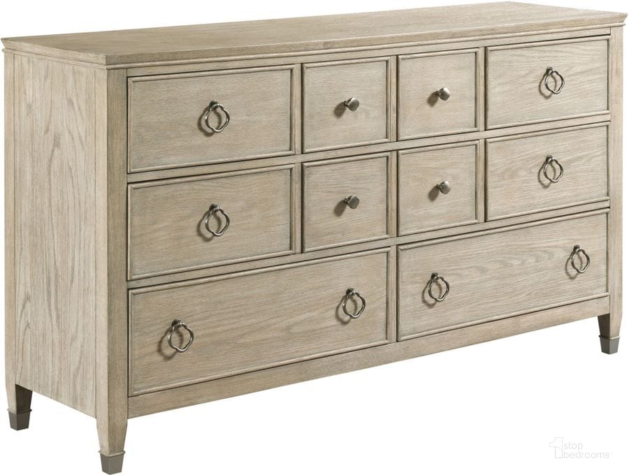 The appearance of Vista Fremont Oyster Dresser designed by American Drew in the transitional interior design. This cream piece of furniture  was selected by 1StopBedrooms from Vista Collection to add a touch of cosiness and style into your home. Sku: 803-130. Material: Wood. Product Type: Dresser. Image1