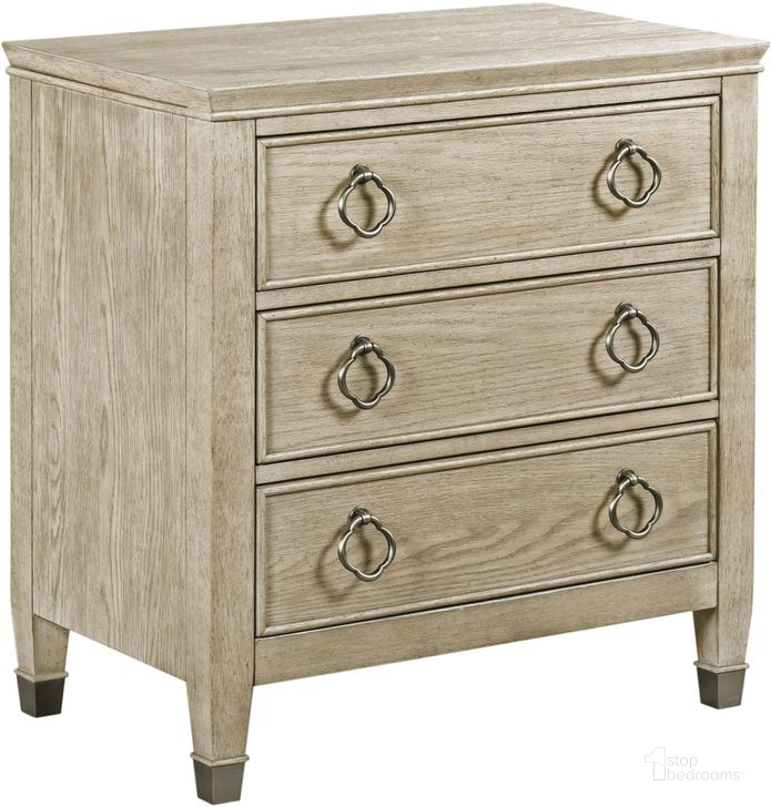 The appearance of Vista Prescott Oyster Nightstand designed by American Drew in the transitional interior design. This cream piece of furniture  was selected by 1StopBedrooms from Vista Collection to add a touch of cosiness and style into your home. Sku: 803-421. Material: Wood. Product Type: Nightstand. Image1