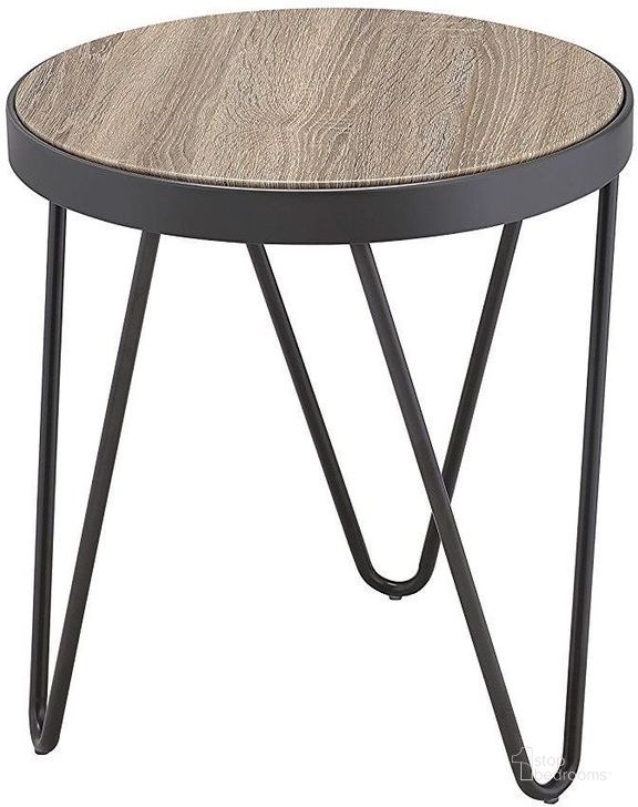 The appearance of Bage Weathered Gray Oak and Metal End Table designed by ACME in the industrial interior design. This red piece of furniture  was selected by 1StopBedrooms from Bage Collection to add a touch of cosiness and style into your home. Sku: 81737. Table Top Shape: Round. Material: Metal. Product Type: End Table. Image1