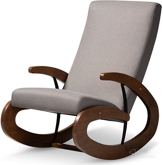The appearance of Baxton Studio Kaira Modern And Contemporary Gray Fabric Upholstered And Walnut-Finished Wood Rocking Chair designed by Baxton Studio in the modern / contemporary interior design. This gray piece of furniture  was selected by 1StopBedrooms from Kaira Collection to add a touch of cosiness and style into your home. Sku: BBT5317-Grey. Product Type: Living Room Chair. Material: Rubberwood. Image1