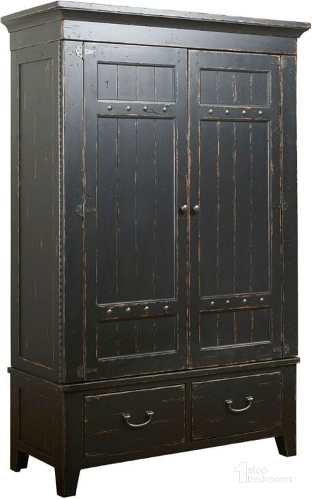 The appearance of Mill House Simmons Armoire Complete Anvil Finish designed by Kincaid in the coastal interior design. This black piece of furniture  was selected by 1StopBedrooms from Mill House Collection to add a touch of cosiness and style into your home. Sku: 860-270AP. Material: Wood. Product Type: Armoire.