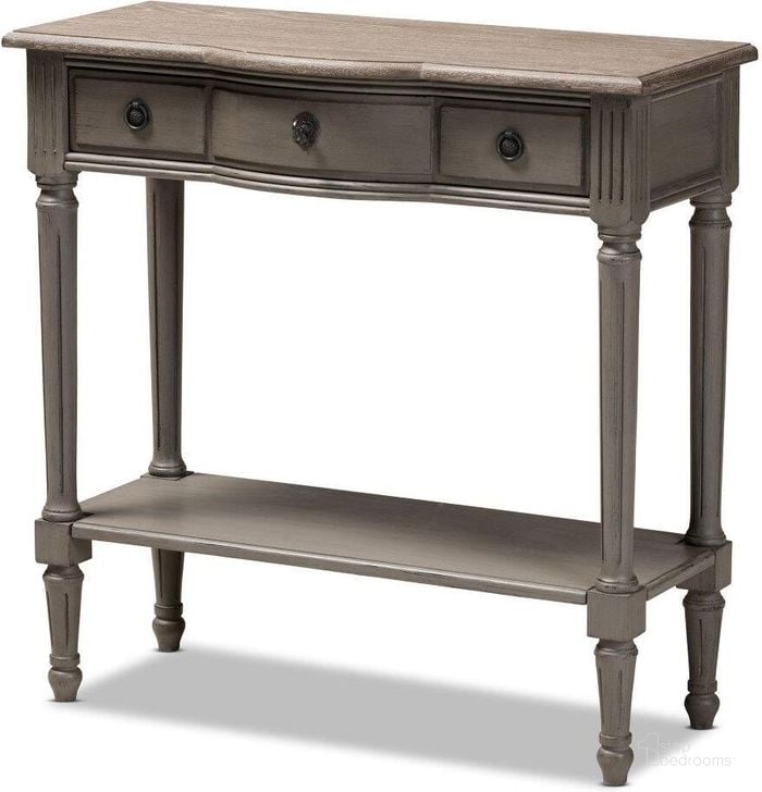 The appearance of Baxton Studio Noelle French Provincial Gray Finished 1-Drawer Wood Console Table designed by Baxton Studio in the transitional interior design. This gray piece of furniture  was selected by 1StopBedrooms from Noelle Collection to add a touch of cosiness and style into your home. Sku: AGE11-Console. Material: Wood. Product Type: Console Table. Image1