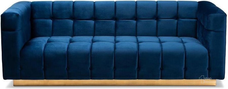 The appearance of Baxton Studio Loreto Glam and Luxe Navy Blue Velvet Fabric Upholstered Brushed Gold Finished Sofa designed by Baxton Studio in the glam interior design. This blue piece of furniture  was selected by 1StopBedrooms from Loreto Collection to add a touch of cosiness and style into your home. Sku: TSF-5506-Navy/Gold-SF. Material: Fabric. Product Type: Sofa. Image1
