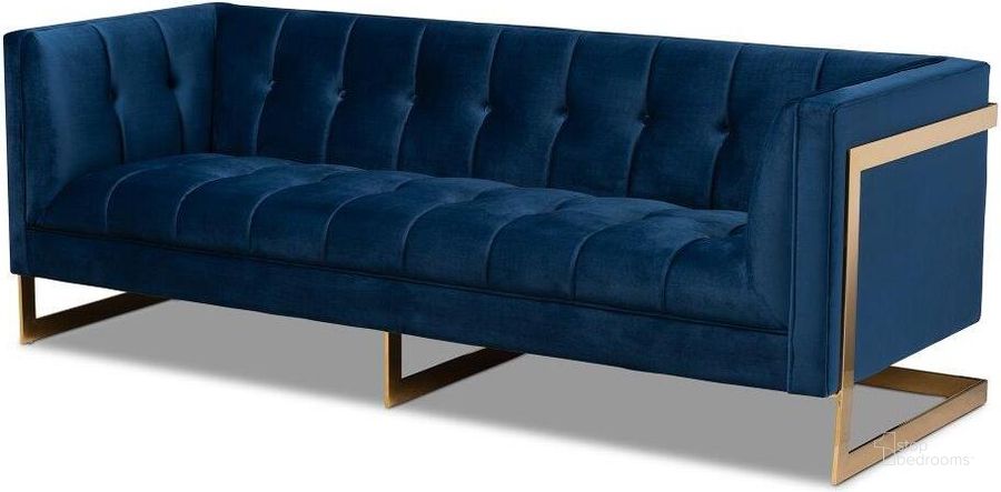 The appearance of Baxton Studio Ambra Glam and Luxe Royal Blue Velvet Fabric Upholstered and Button Tufted Gold Sofa with Gold-Tone Frame designed by Baxton Studio in the glam interior design. This royal blue piece of furniture  was selected by 1StopBedrooms from Ambra Collection to add a touch of cosiness and style into your home. Sku: TSF-5507-Navy/Gold-SF. Product Type: Sofa. Material: Plywood. Image1