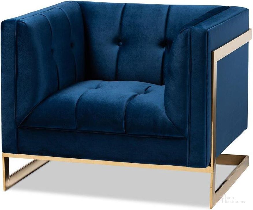 The appearance of Baxton Studio Ambra Glam and Luxe Royal Blue Velvet Fabric Upholstered and Button Tufted Armchair with Gold-Tone Frame designed by Baxton Studio in the glam interior design. This royal blue piece of furniture  was selected by 1StopBedrooms from Ambra Collection to add a touch of cosiness and style into your home. Sku: TSF-5507-Navy/Gold-CC. Product Type: Living Room Chair. Material: Plywood. Image1
