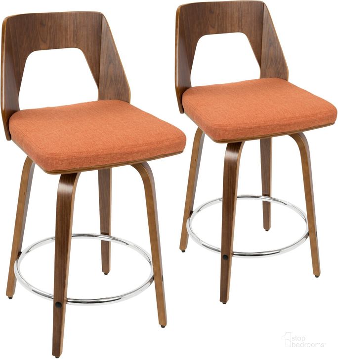 The appearance of Trilogy Modern Counter Stool in Walnut and Orange Fabric - Set of 2 designed by Lumisource in the transitional interior design. This walnut piece of furniture  was selected by 1StopBedrooms from Trilogy Collection to add a touch of cosiness and style into your home. Sku: B24-TRILO2-SWVR WLO2. Material: Polyester. Product Type: Counter Height Chair. Image1