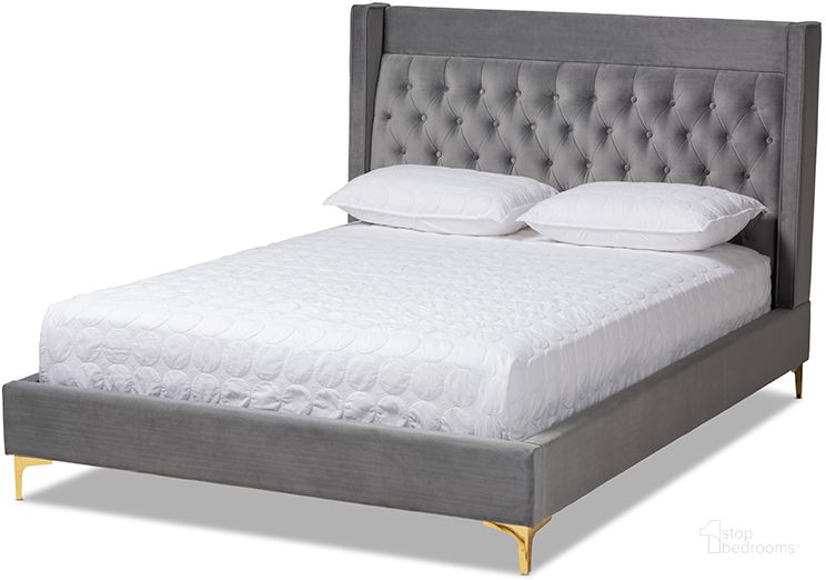 The appearance of Baxton Studio Valery Modern And Contemporary Dark Gray Velvet Fabric Upholstered King Size Platform Bed With Gold-Finished Legs designed by Baxton Studio in the modern / contemporary interior design. This gray piece of furniture  was selected by 1StopBedrooms from Valery Collection to add a touch of cosiness and style into your home. Sku: BBT6740-Dark Grey-King. Bed Type: Platform Bed. Product Type: Platform Bed. Bed Size: King. Material: Rubberwood. Image1