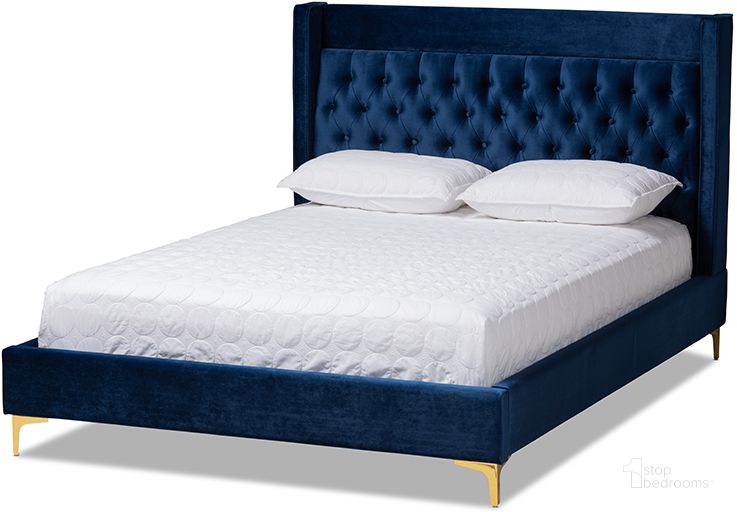 The appearance of Baxton Studio Valery Modern And Contemporary Navy Blue Velvet Fabric Upholstered King Size Platform Bed With Gold-Finished Legs designed by Baxton Studio in the modern / contemporary interior design. This navy piece of furniture  was selected by 1StopBedrooms from Valery Collection to add a touch of cosiness and style into your home. Sku: BBT6740-Navy Blue-King. Bed Type: Platform Bed. Product Type: Platform Bed. Bed Size: King. Material: Rubberwood. Image1