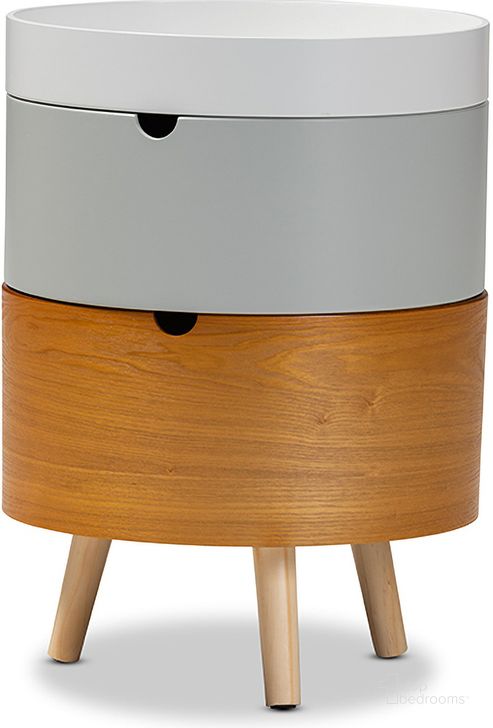 The appearance of Baxton Studio Elison Mid-Century Modern Multi Color 3-Tier Wood Nightstand designed by Baxton Studio in the transitional interior design. This white piece of furniture  was selected by 1StopBedrooms from Elison Collection to add a touch of cosiness and style into your home. Sku: SR1703006-White/Light Grey/Natural-NS. Product Type: Nightstand. Material: MDF. Image1